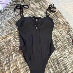 Title: Cupshe Dark Grey One-Piece Swimsuit | Cutout Front | Tie Straps | Size M